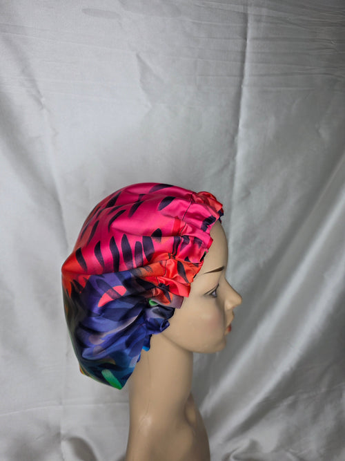 Abstract Feather Rainbow Satin Bonnet