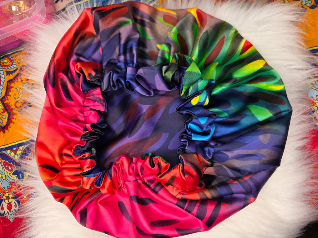 Abstract Feather Rainbow Satin Bonnet